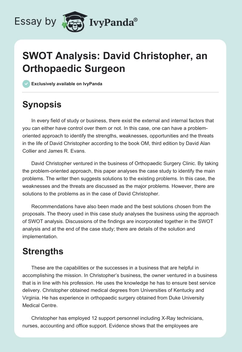 SWOT Analysis: David Christopher, an Orthopaedic Surgeon. Page 1