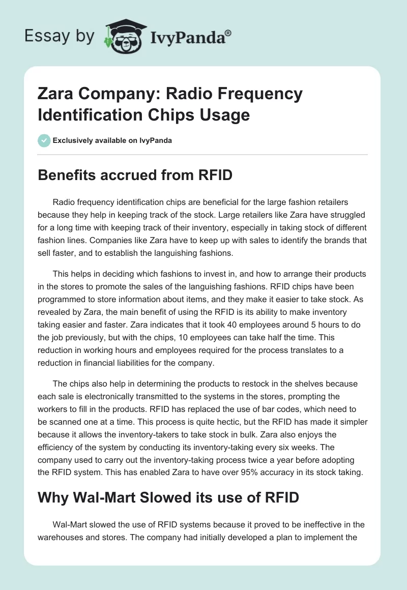 Zara Company: Radio Frequency Identification Chips Usage. Page 1