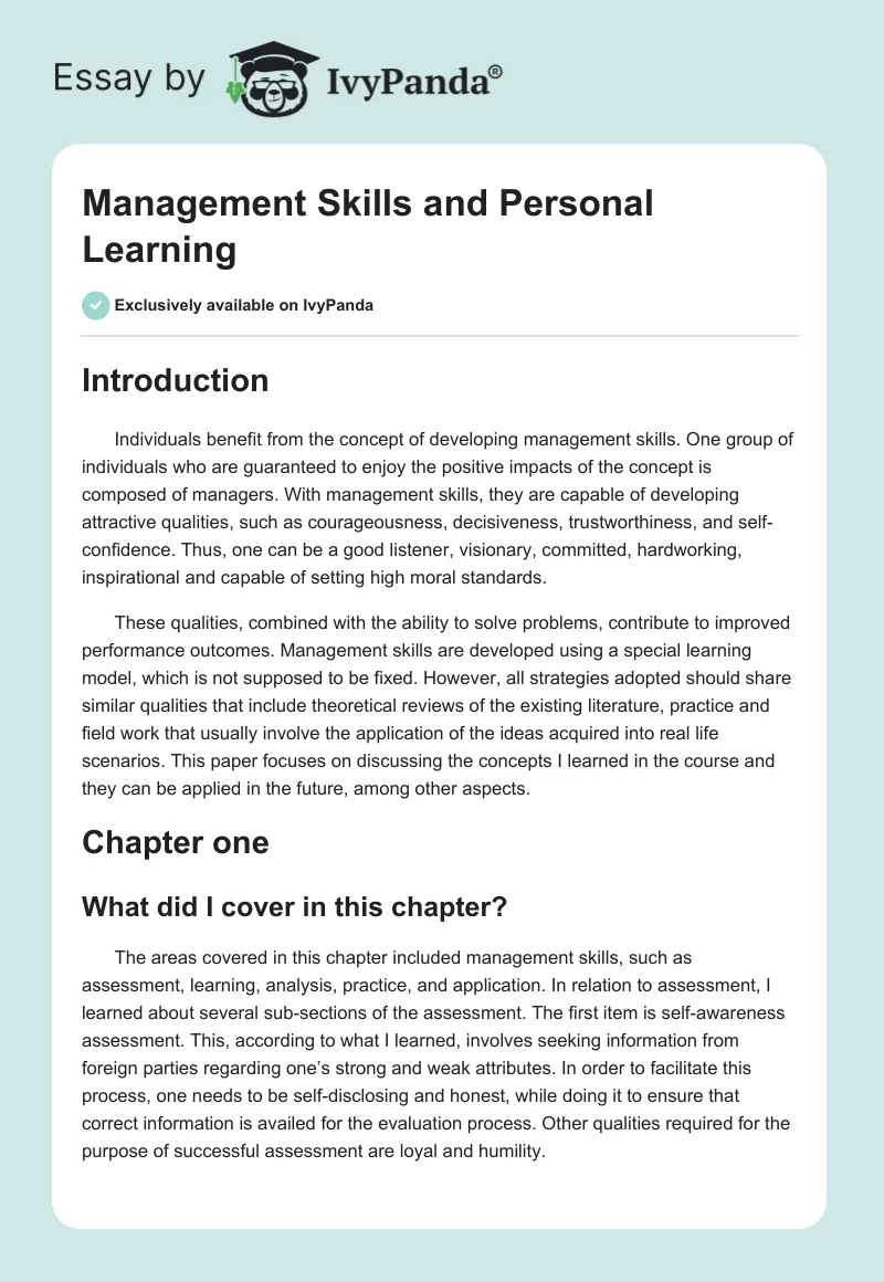 Management Skills and Personal Learning. Page 1