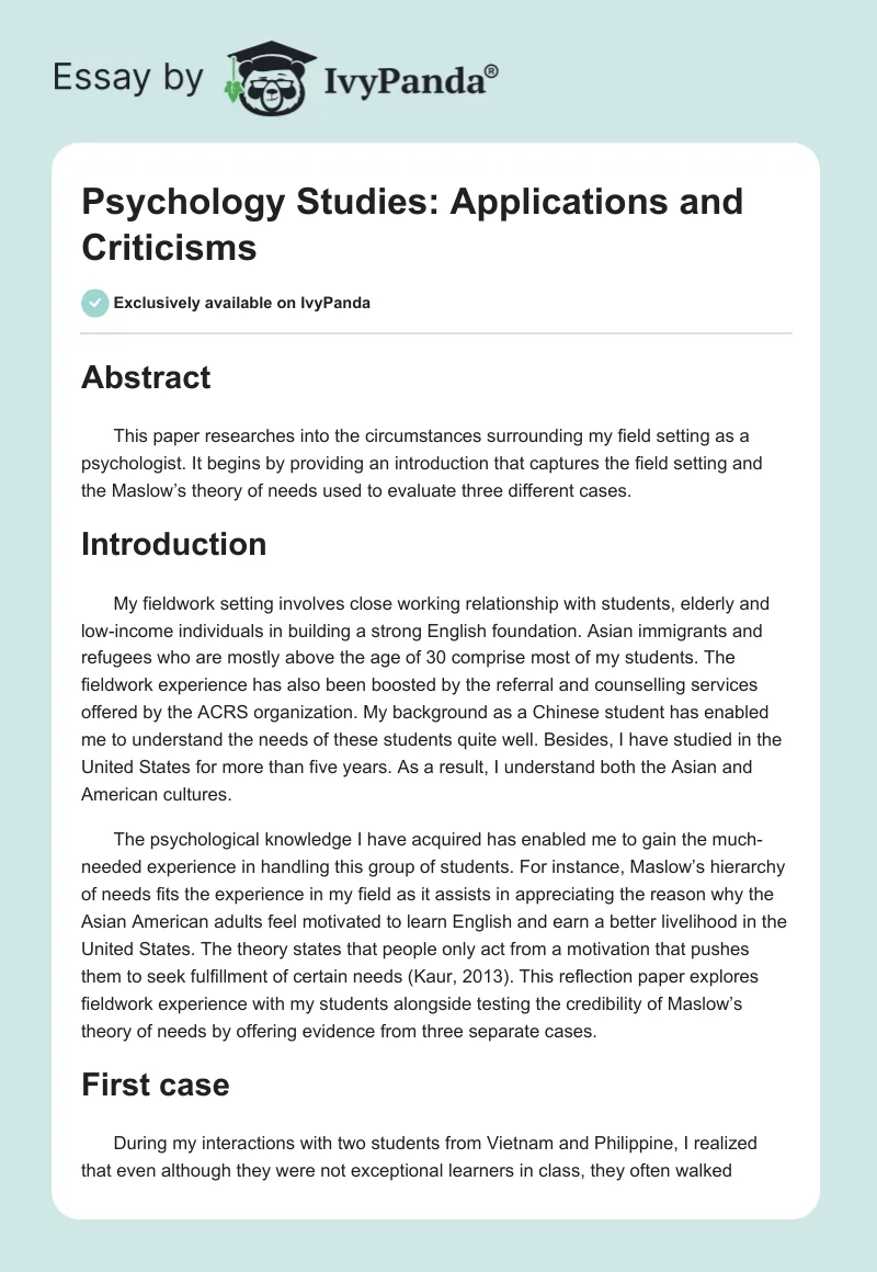 Psychology Studies: Applications and Criticisms. Page 1