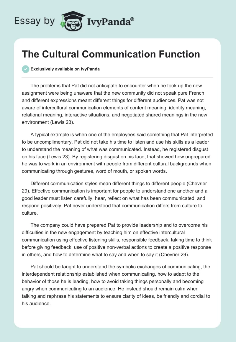 The Cultural Communication Function. Page 1