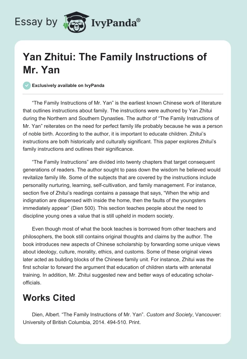 Yan Zhitui: The Family Instructions of Mr. Yan. Page 1