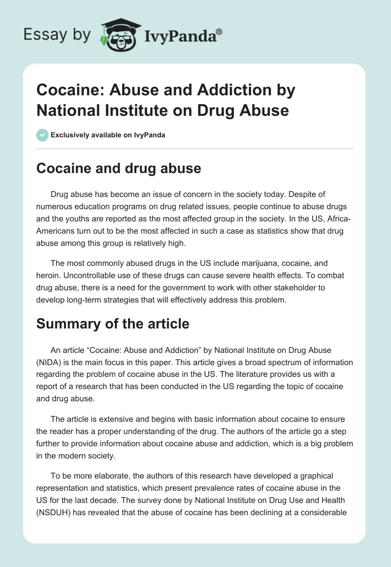 "Cocaine: Abuse and Addiction" by National Institute on Drug Abuse. Page 1