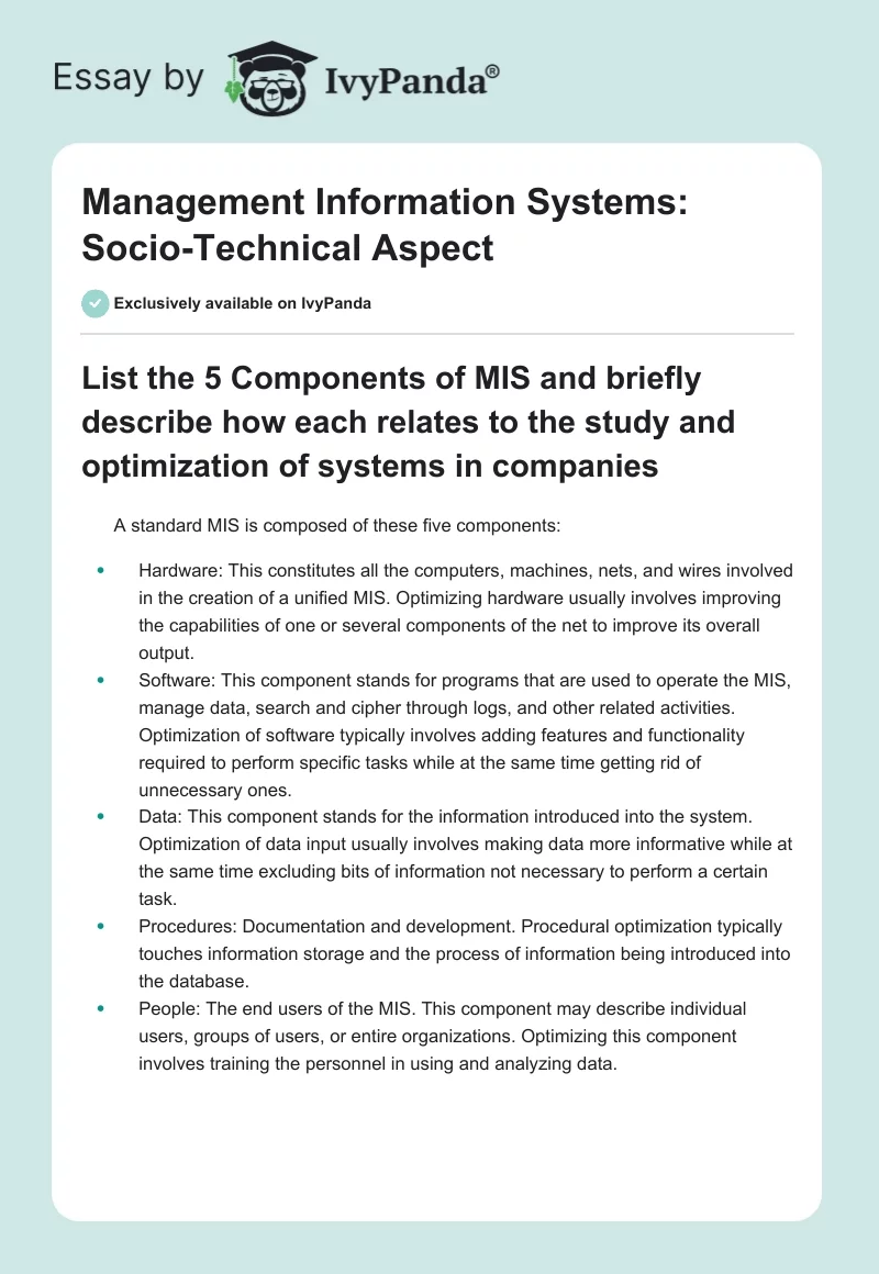 Management Information Systems: Socio-Technical Aspect. Page 1