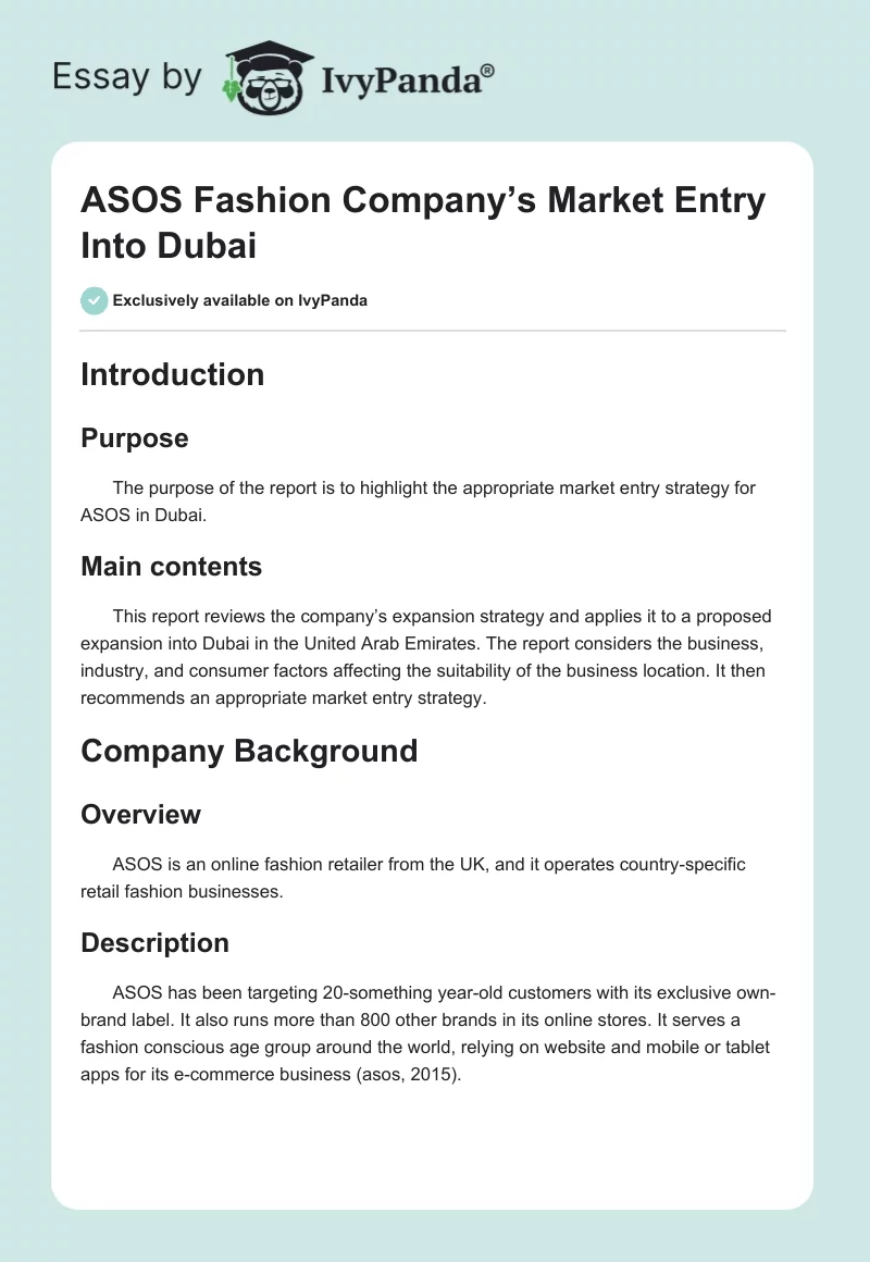 ASOS Fashion Company’s Market Entry Into Dubai. Page 1