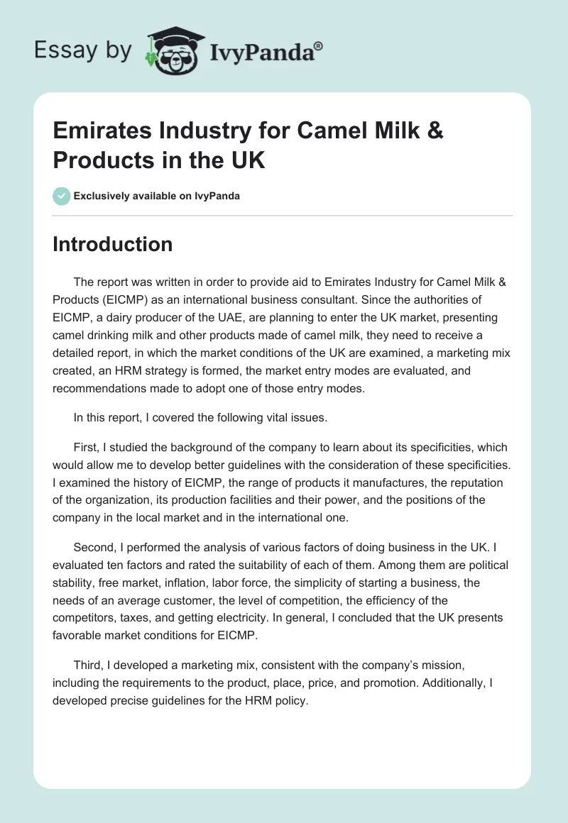 Emirates Industry for Camel Milk & Products in the UK. Page 1