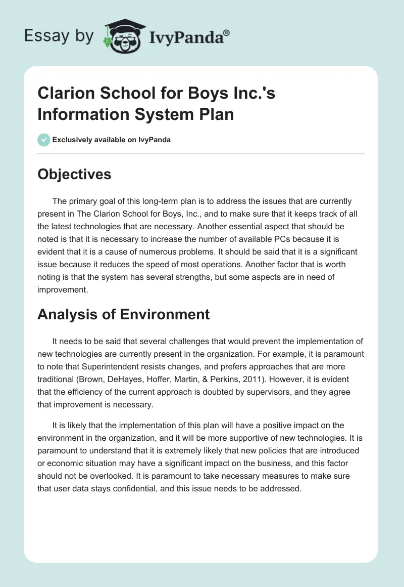 Clarion School for Boys Inc.'s Information System Plan. Page 1