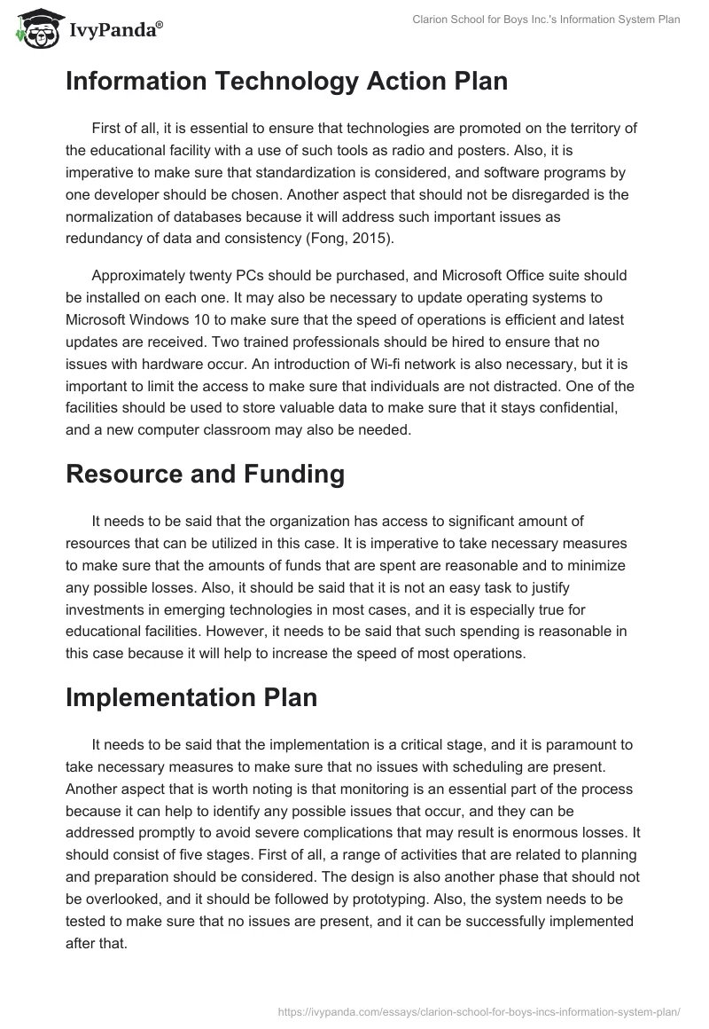 Clarion School for Boys Inc.'s Information System Plan. Page 2