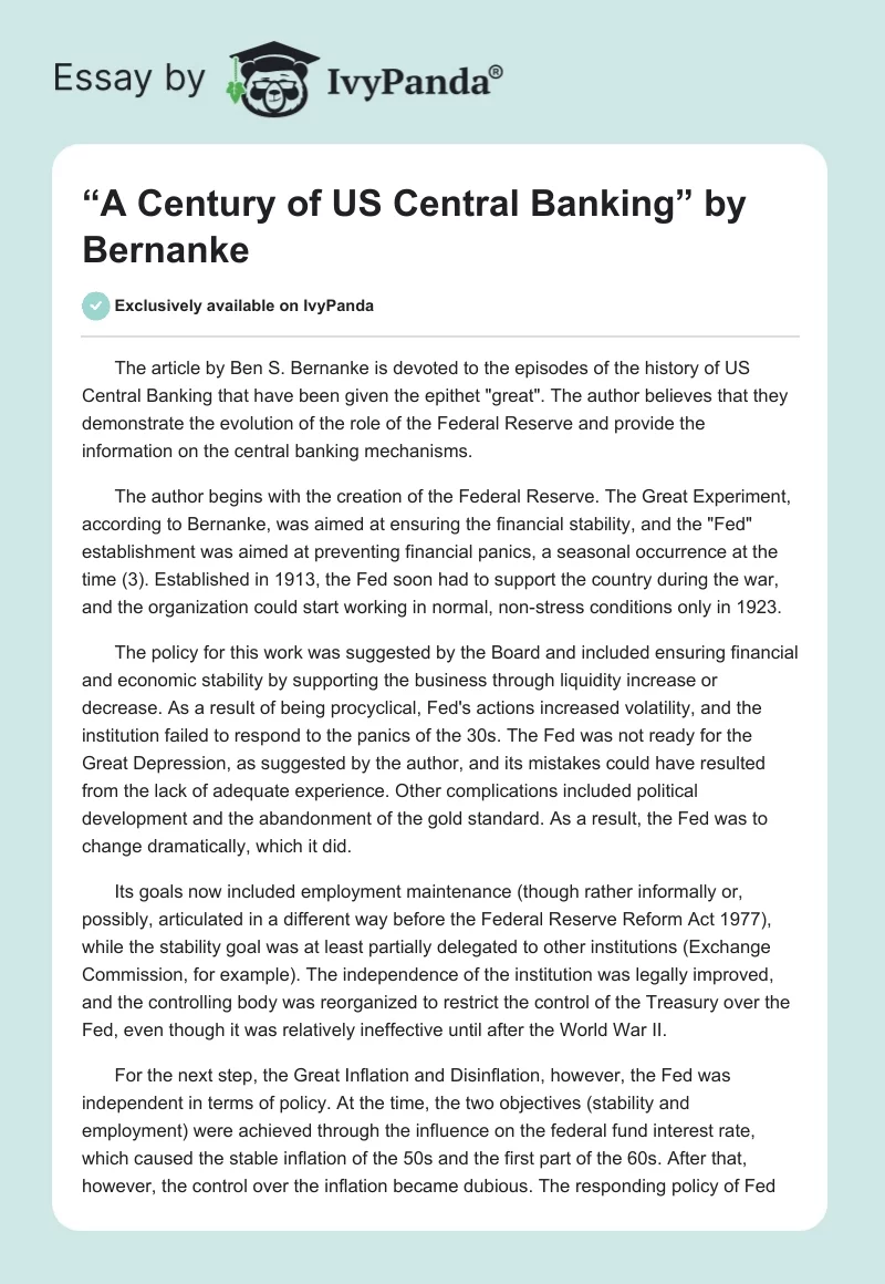 “A Century of US Central Banking” by Bernanke. Page 1