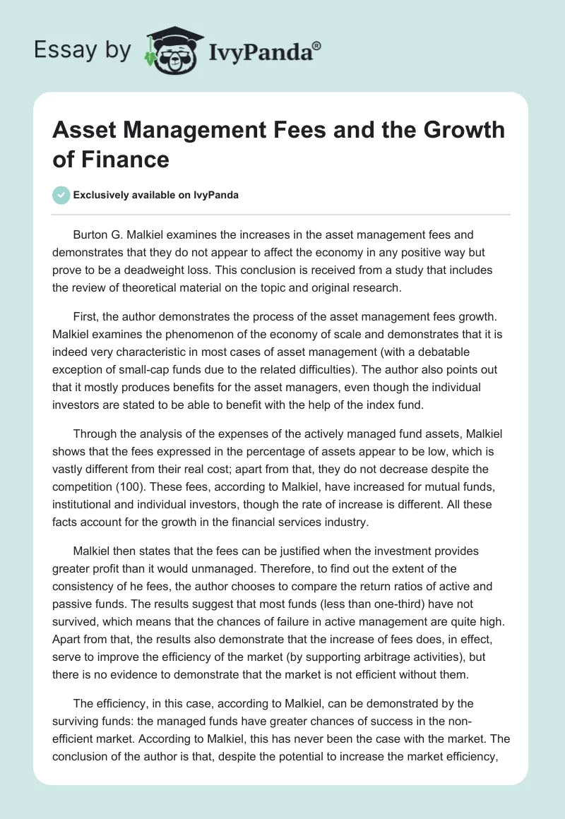 Asset Management Fees and the Growth of Finance. Page 1