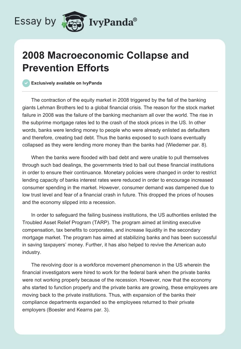 2008 Macroeconomic Collapse and Prevention Efforts. Page 1