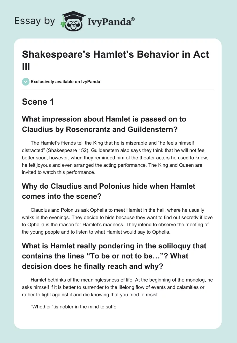 Shakespeare's Hamlet's Behavior in Act III. Page 1