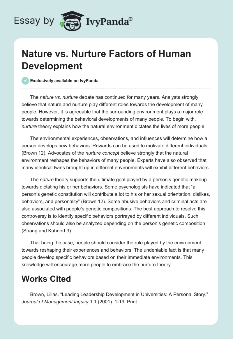 Nature vs. Nurture Factors of Human Development - 254 Words | Essay Example