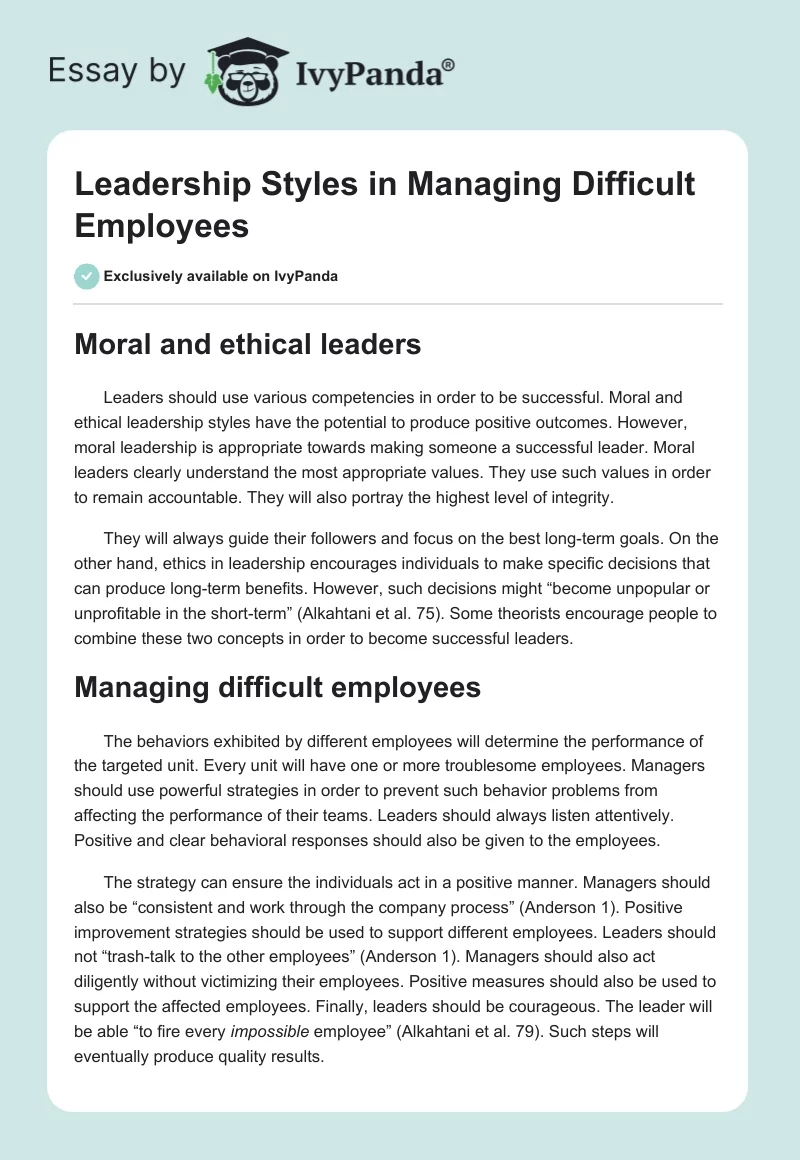 Leadership Styles in Managing Difficult Employees. Page 1