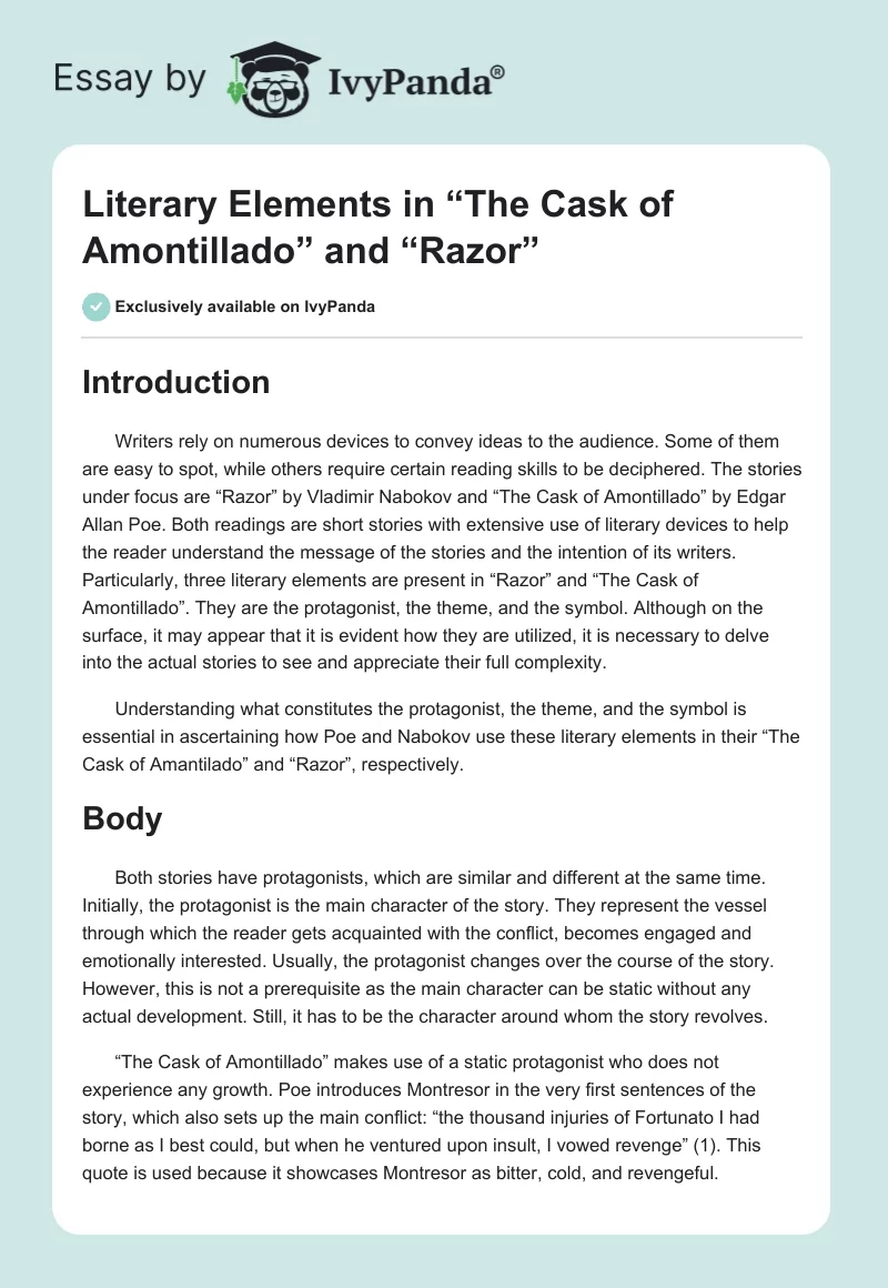 Literary Elements in “The Cask of Amontillado” and “Razor”. Page 1