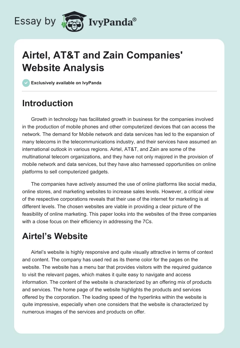 Airtel, AT&T and Zain Companies' Website Analysis. Page 1
