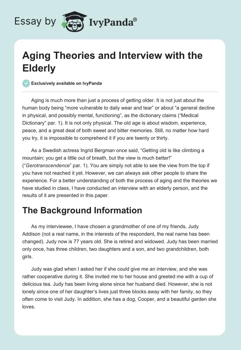 Aging Theories and Interview With the Elderly. Page 1