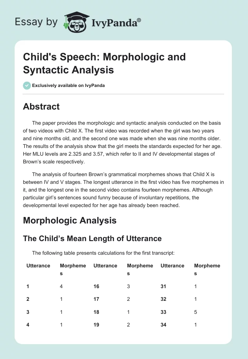 Child's Speech: Morphologic and Syntactic Analysis. Page 1