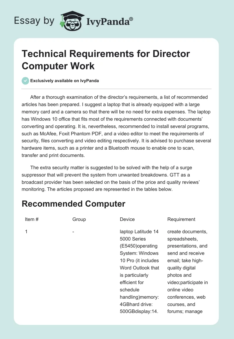 Technical Requirements for Director Computer Work. Page 1