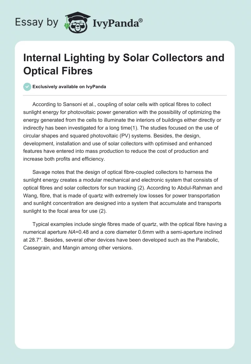 Internal Lighting by Solar Collectors and Optical Fibres. Page 1