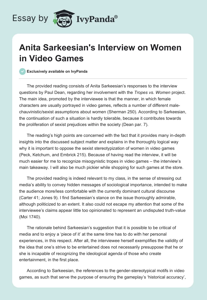 Anita Sarkeesian's Interview on Women in Video Games. Page 1