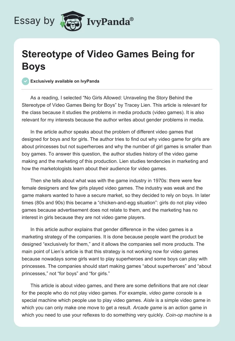 Stereotype of Video Games Being for Boys. Page 1