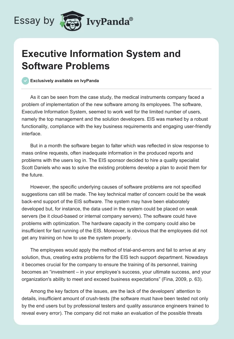 Executive Information System and Software Problems. Page 1