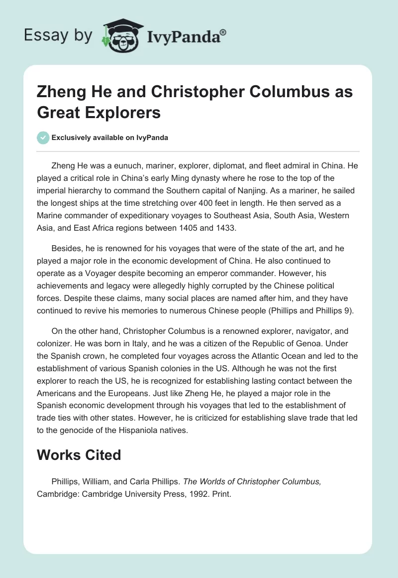 Zheng He and Christopher Columbus as Great Explorers. Page 1
