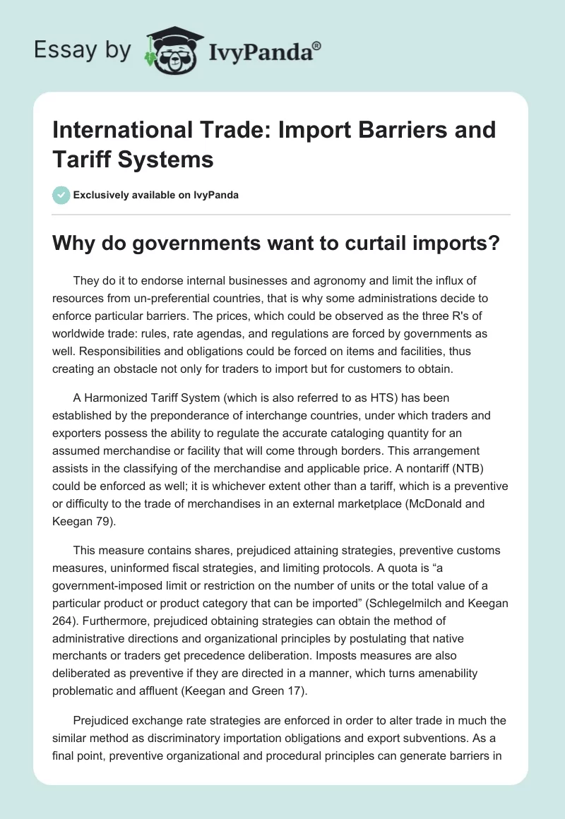 International Trade: Import Barriers and Tariff Systems. Page 1
