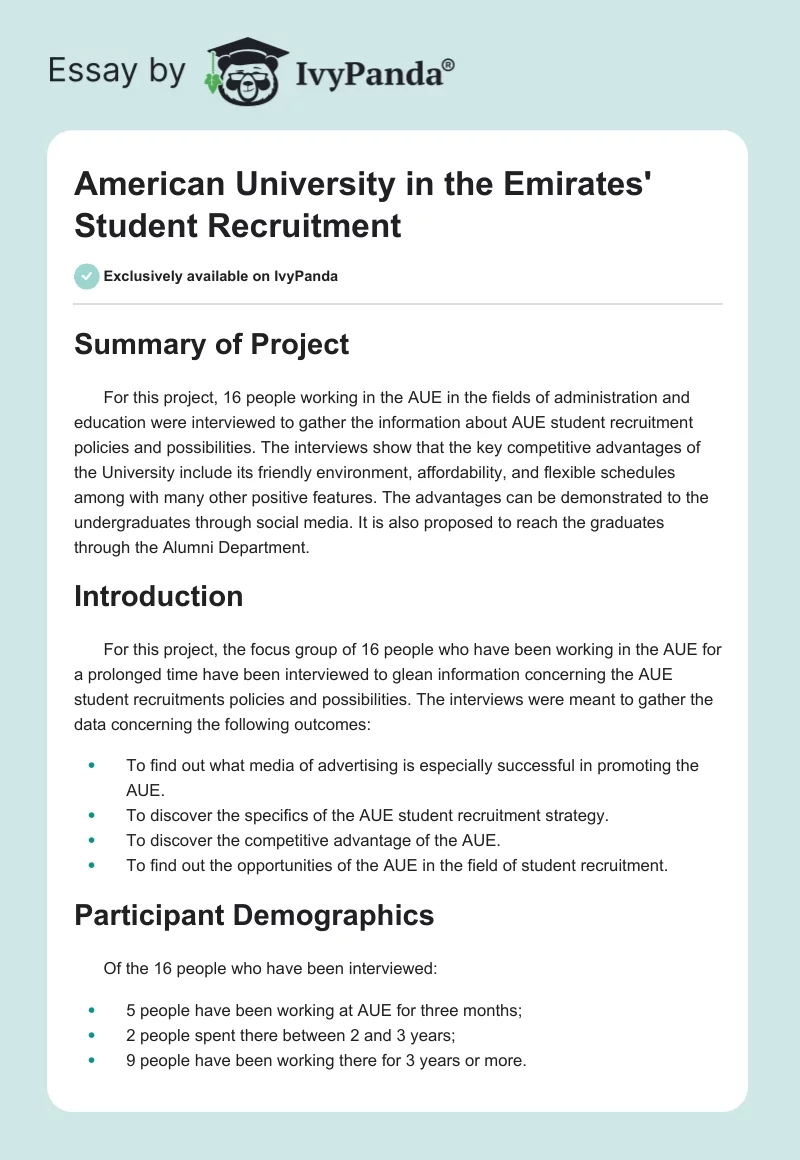 American University in the Emirates' Student Recruitment. Page 1
