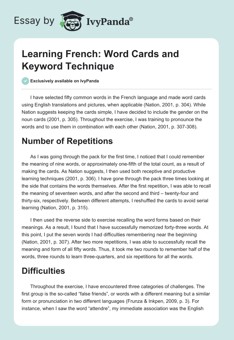 Learning French: Word Cards and Keyword Technique. Page 1