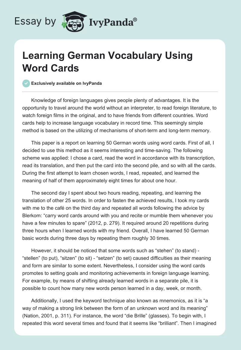 Learning German Vocabulary Using Word Cards. Page 1