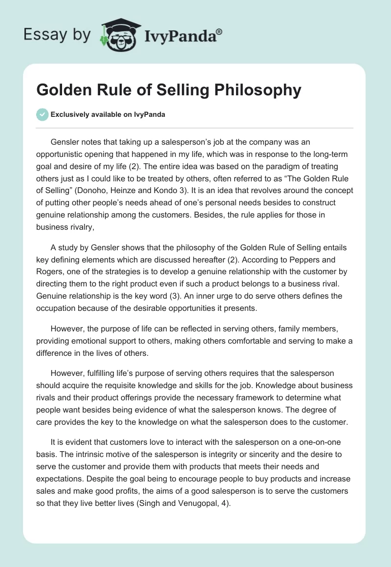 Golden Rule of Selling Philosophy. Page 1