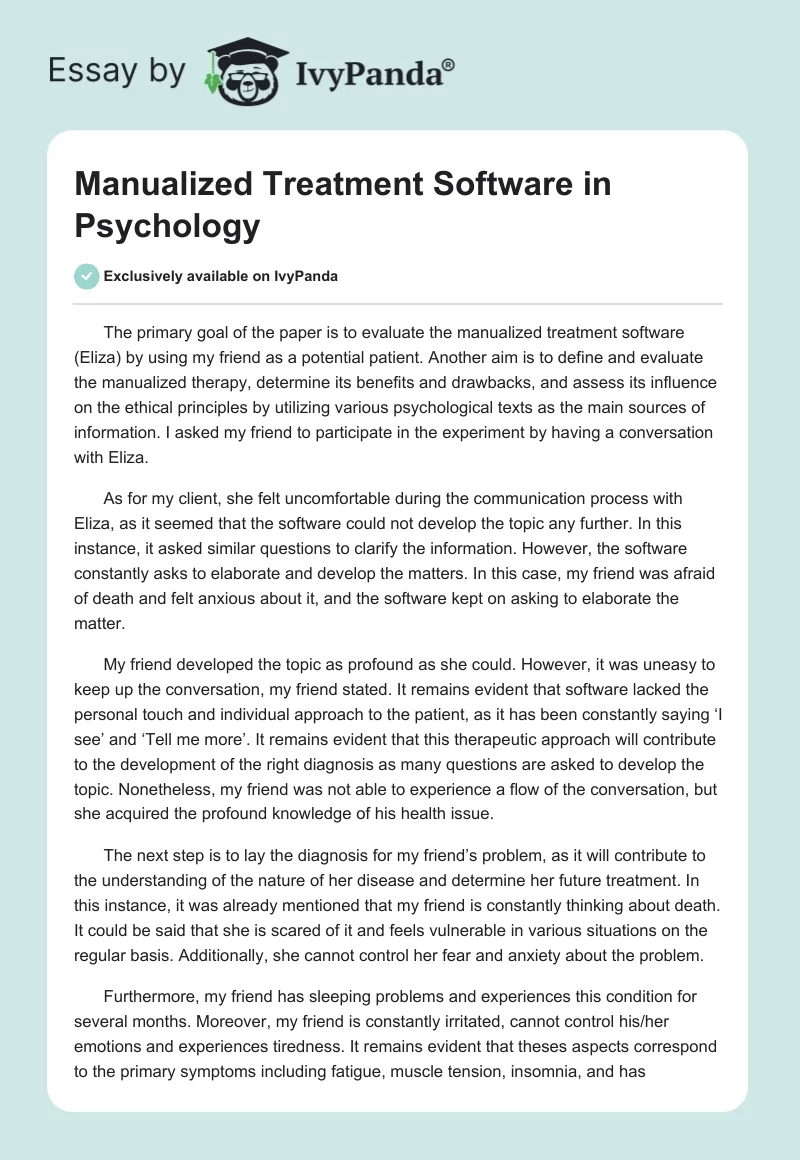 Manualized Treatment Software in Psychology. Page 1