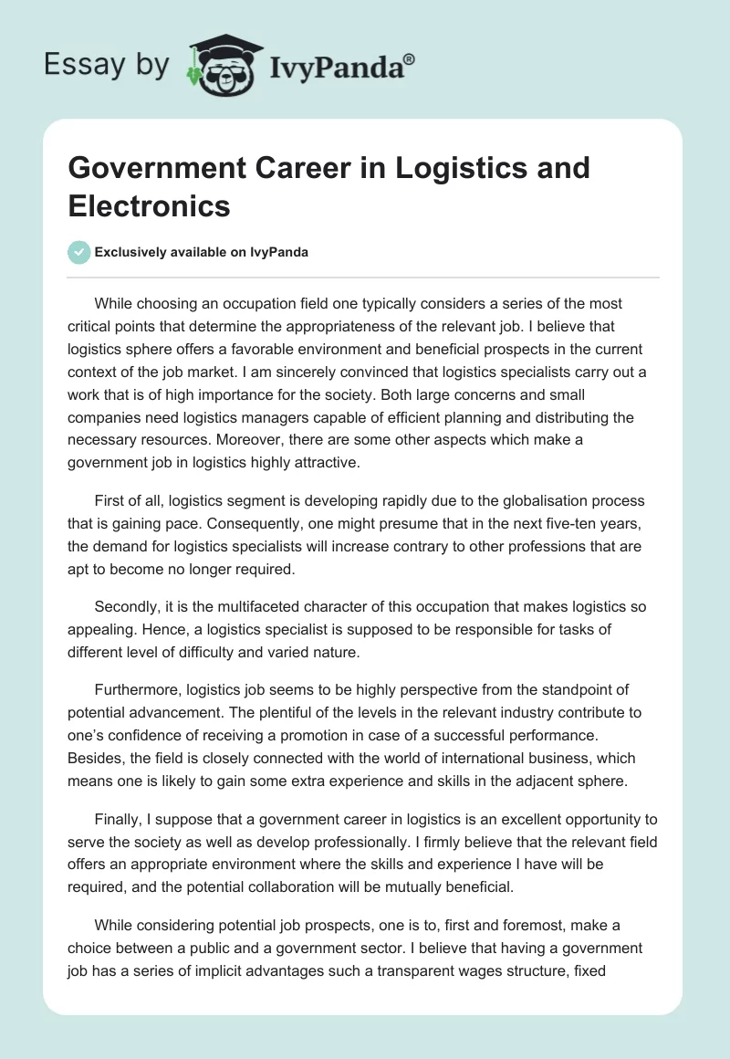 Government Career in Logistics and Electronics. Page 1