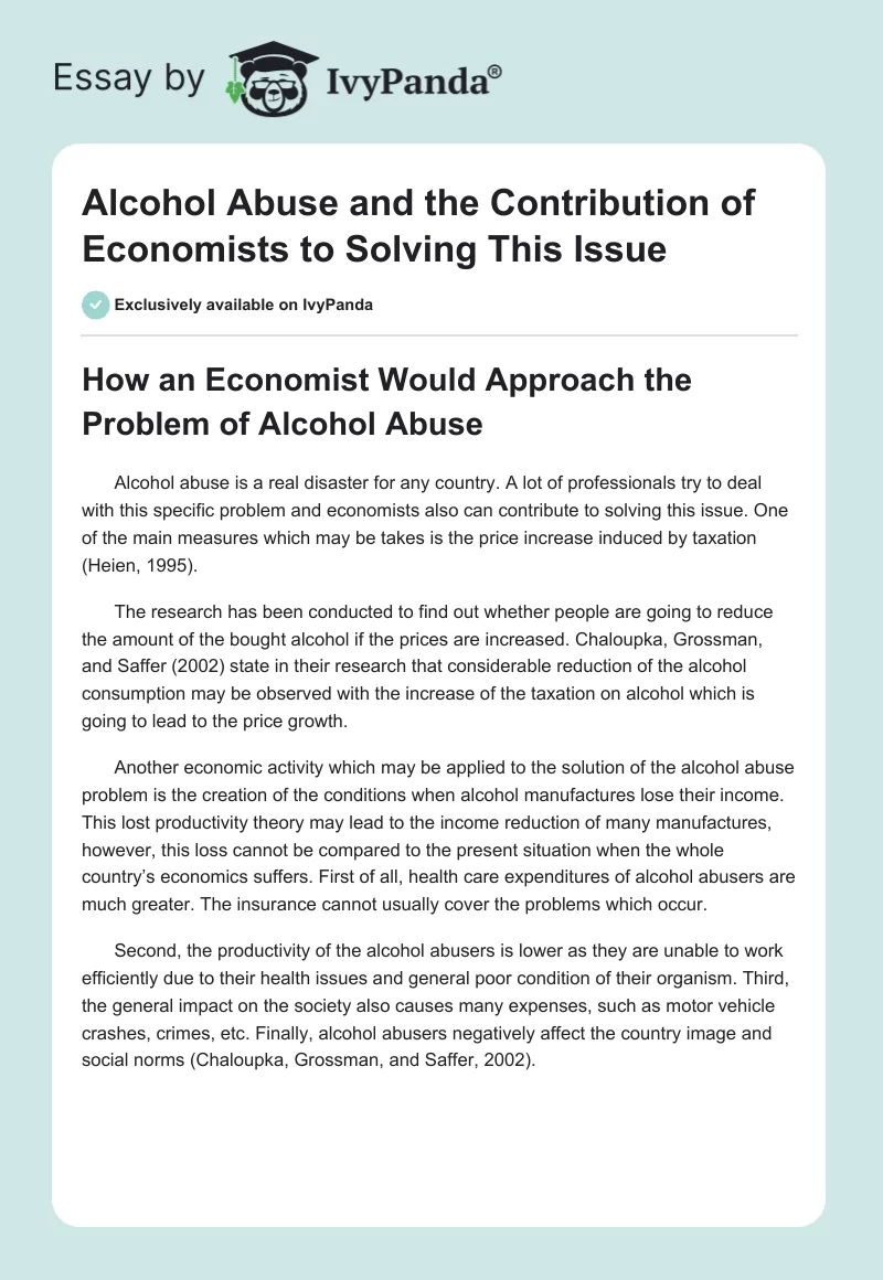 Alcohol Abuse and the Contribution of Economists to Solving This Issue. Page 1