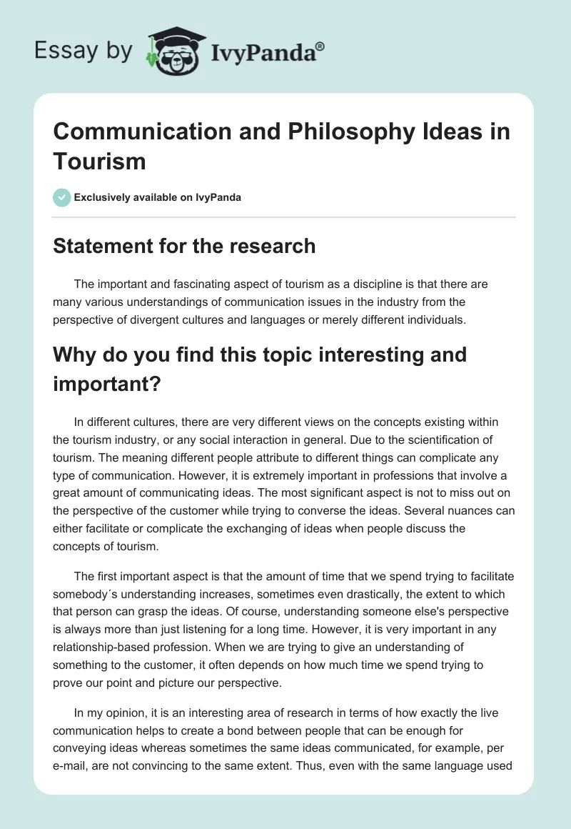 Communication and Philosophy Ideas in Tourism. Page 1