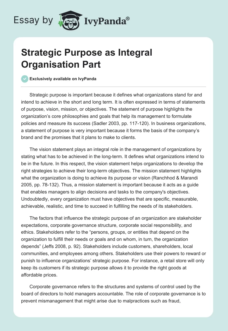 Strategic Purpose as Integral Organisation Part. Page 1