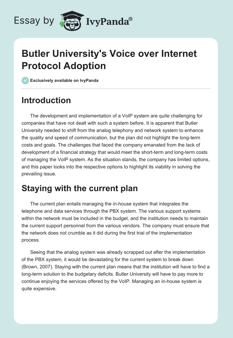 Butler University's Voice over Internet Protocol Adoption. Page 1