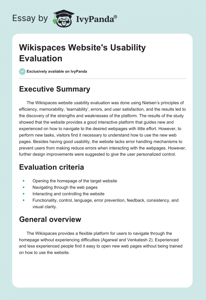 Wikispaces Website's Usability Evaluation. Page 1
