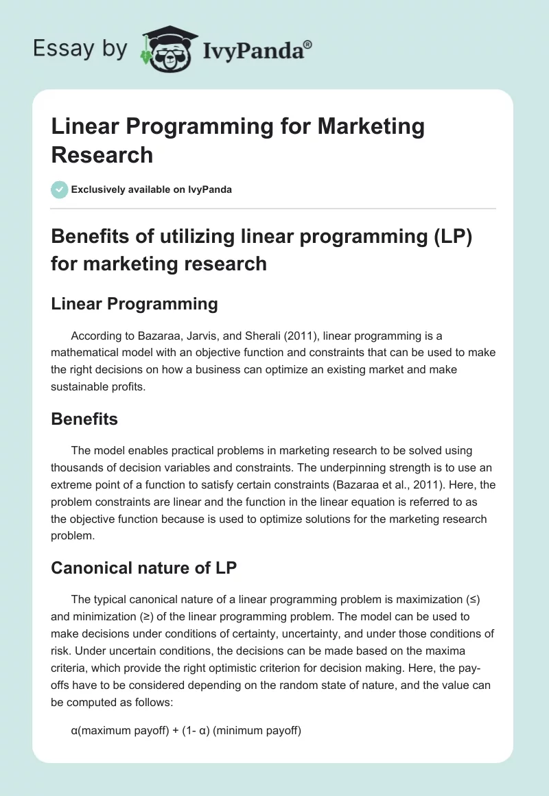 Linear Programming for Marketing Research. Page 1