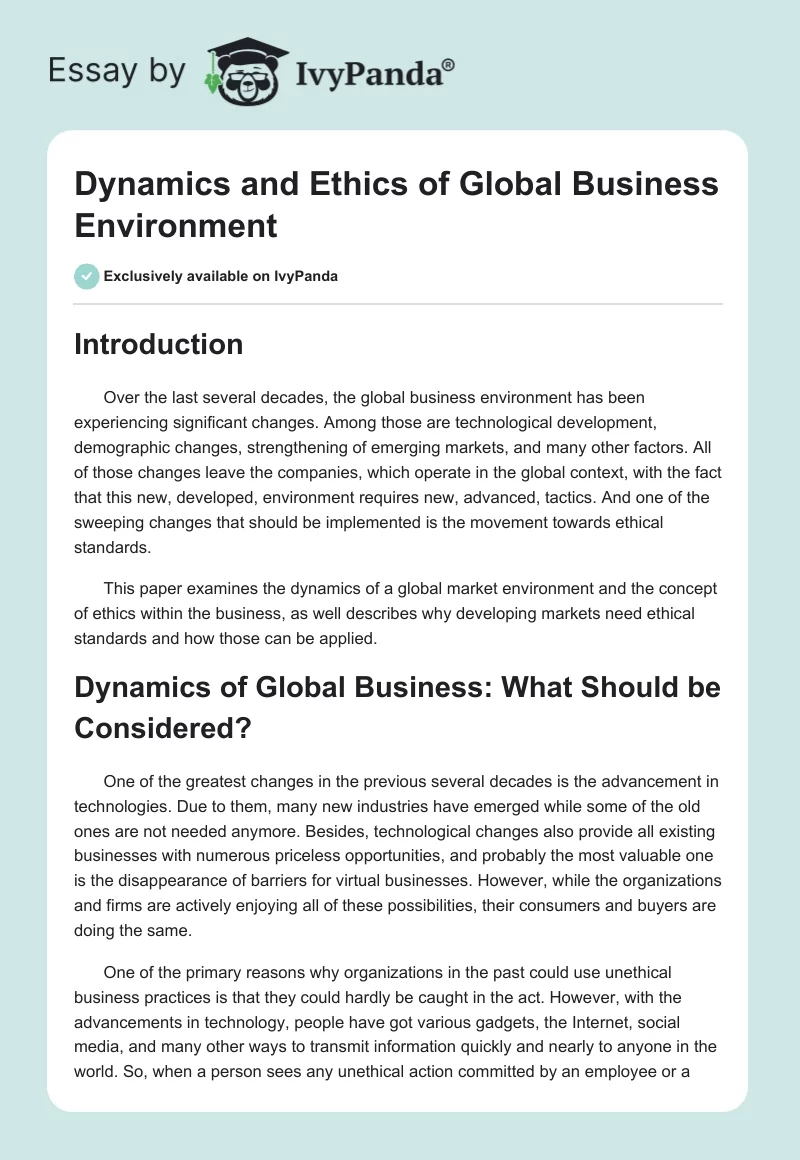 Dynamics and Ethics of Global Business Environment. Page 1