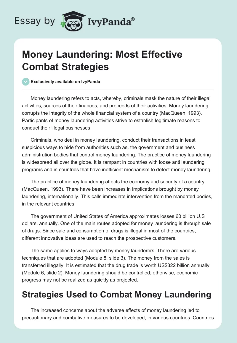 Money Laundering: Most Effective Combat Strategies. Page 1