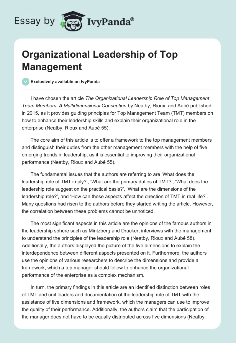 Organizational Leadership of Top Management. Page 1