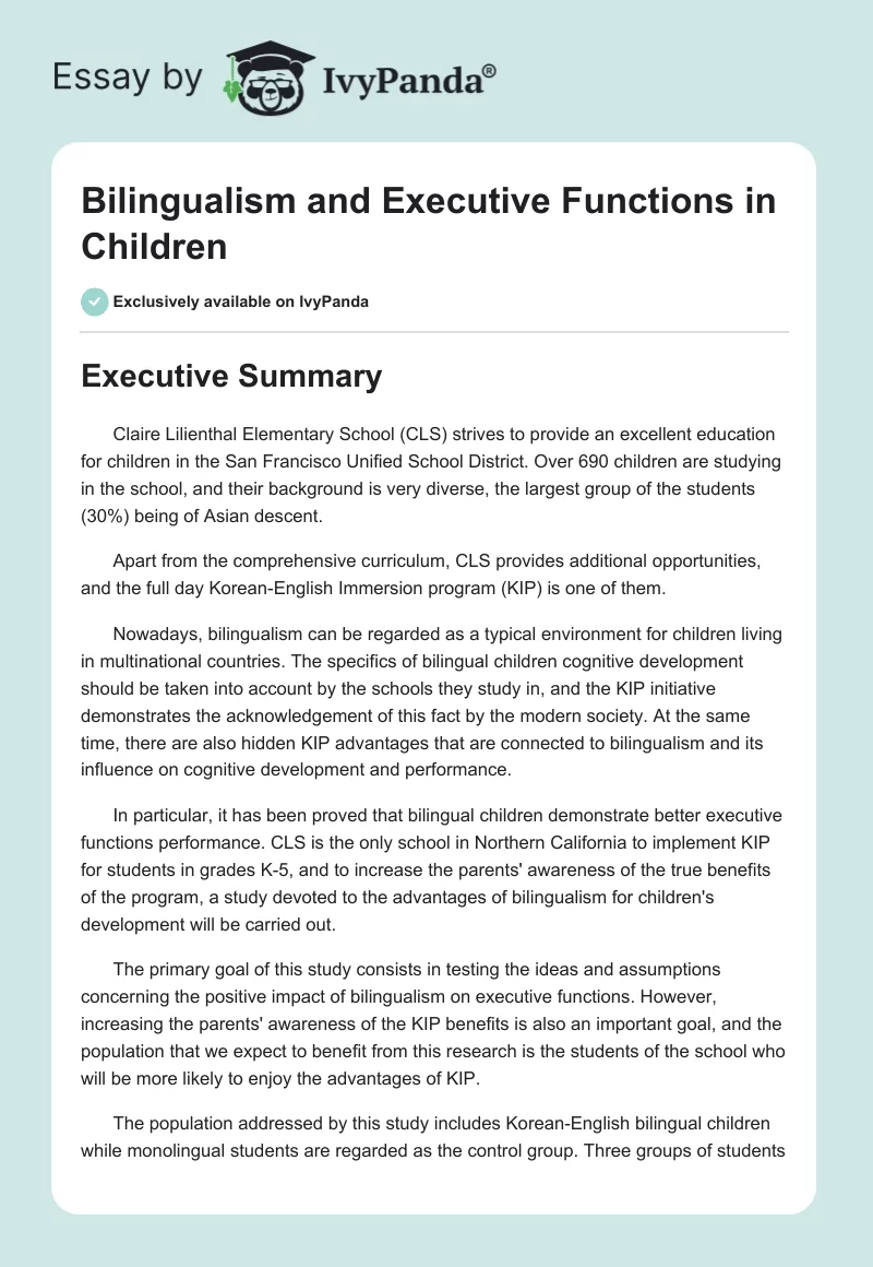 Bilingualism and Executive Functions in Children. Page 1