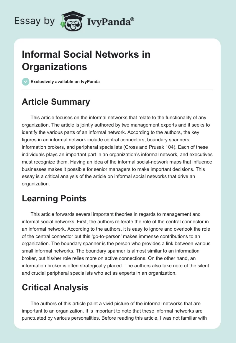Informal Social Networks in Organizations. Page 1