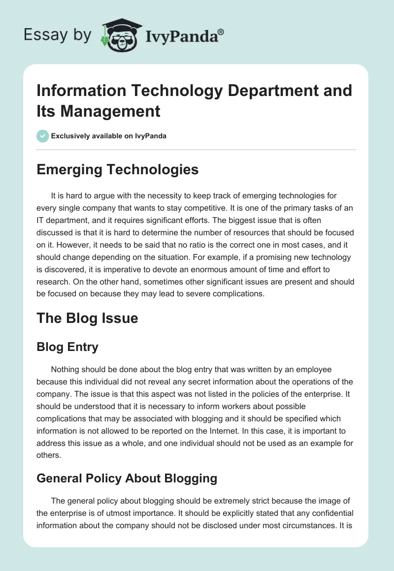 Information Technology Department and Its Management. Page 1