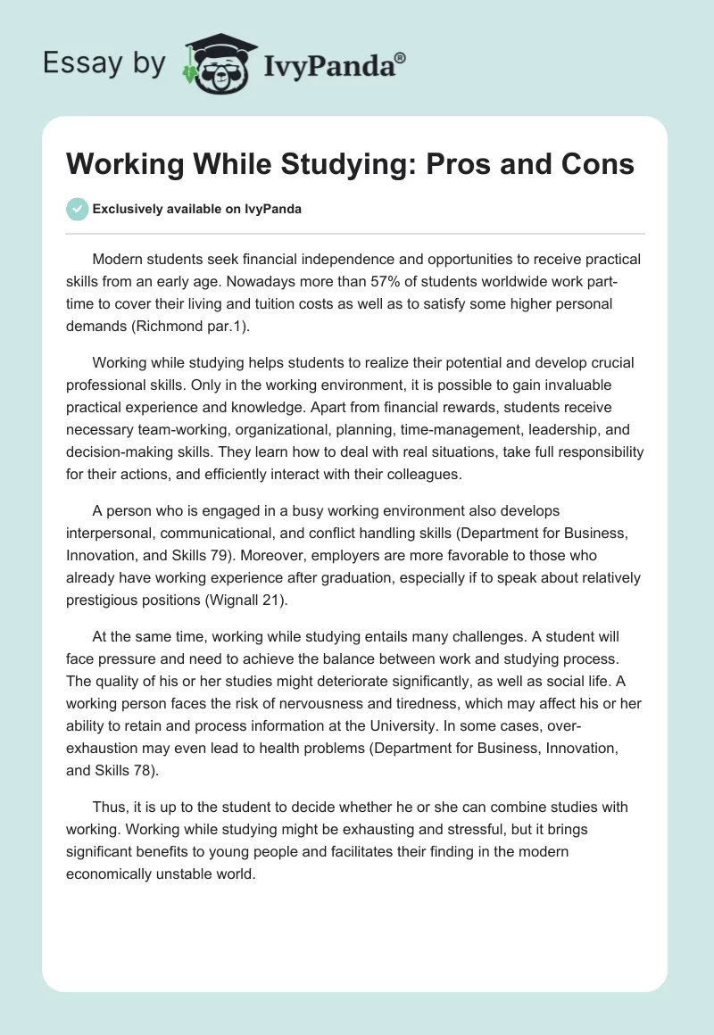 essay about working while studying