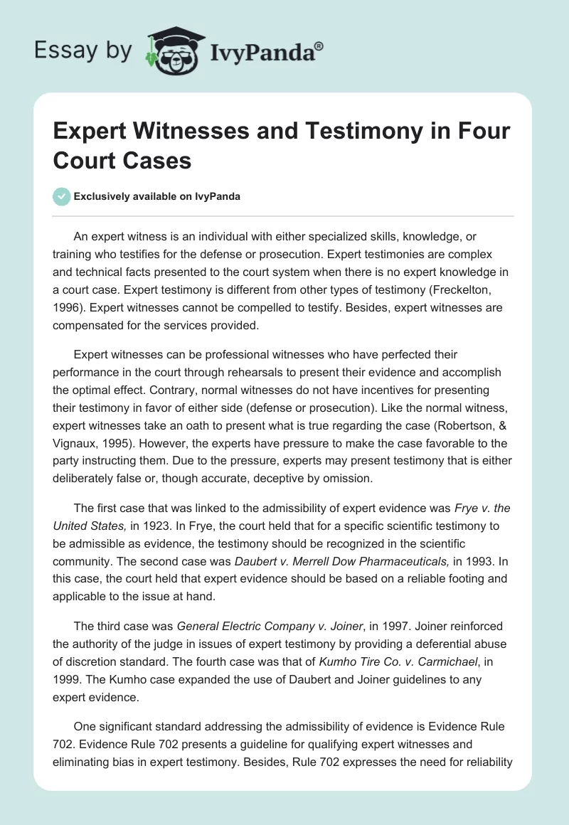 Expert Witnesses and Testimony in Four Court Cases. Page 1