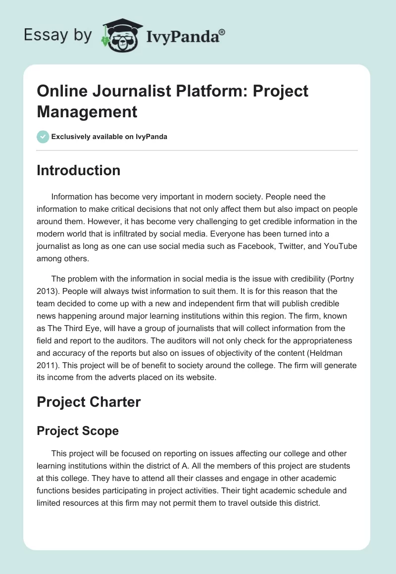 Online Journalist Platform: Project Management. Page 1